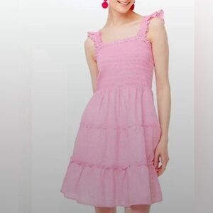 J Crew Factory Striped Smocked Tiered Cotton Mini Dress Pockets Pink Size Small